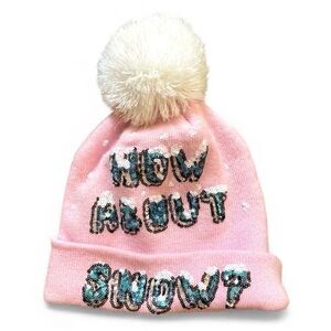 H&M pink & sequins Pom Pom hat, “How About Snow”